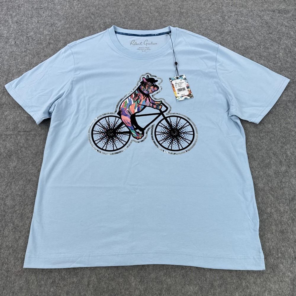 Robert Graham Shirt Mens Large Periwinkle Bark and Bike Graphic Classic Fit Tee